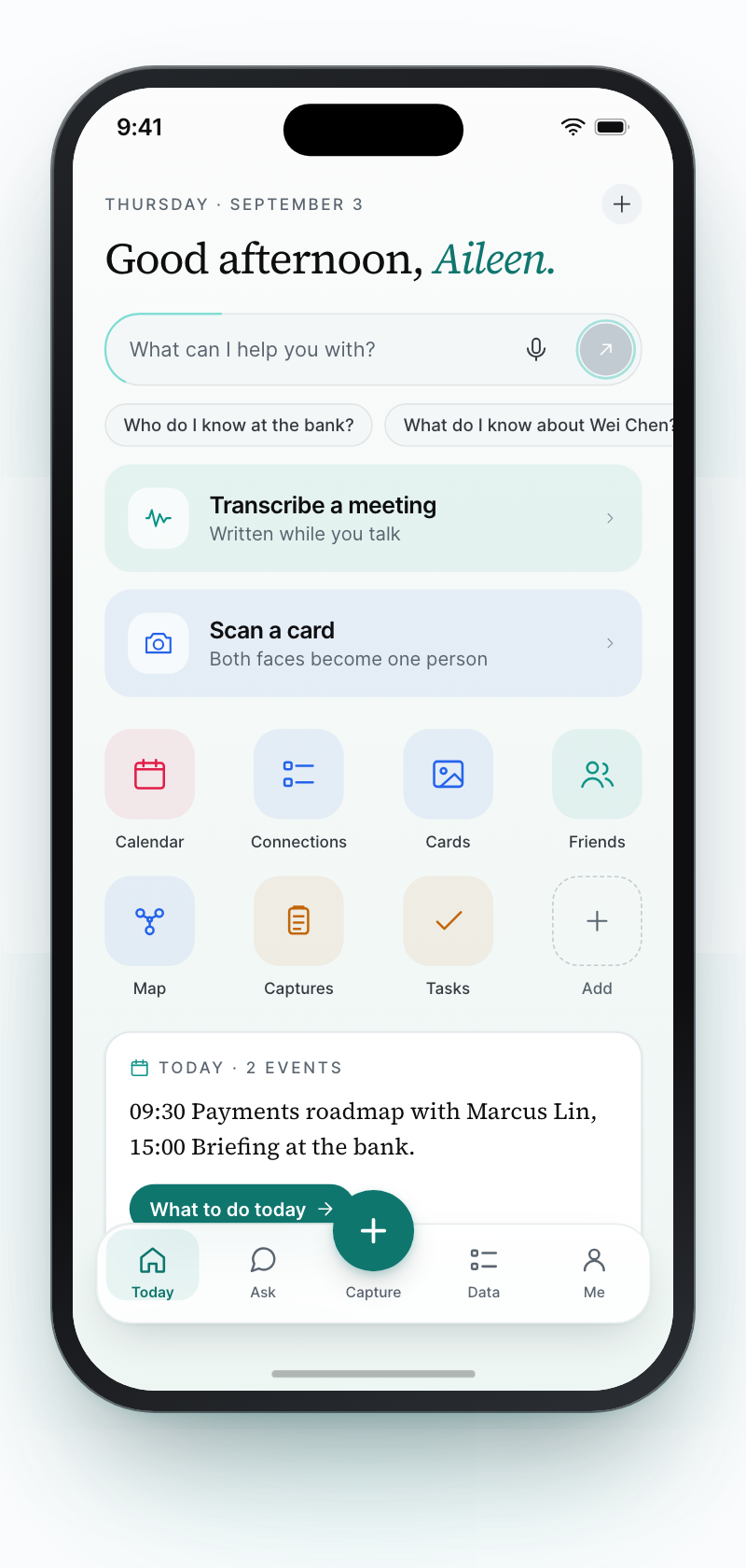 Coneker's Today screen: a box to ask anything, suggested questions, doors to transcribe a meeting or scan a card, a grid of shortcuts, and a card summing up today's two events.