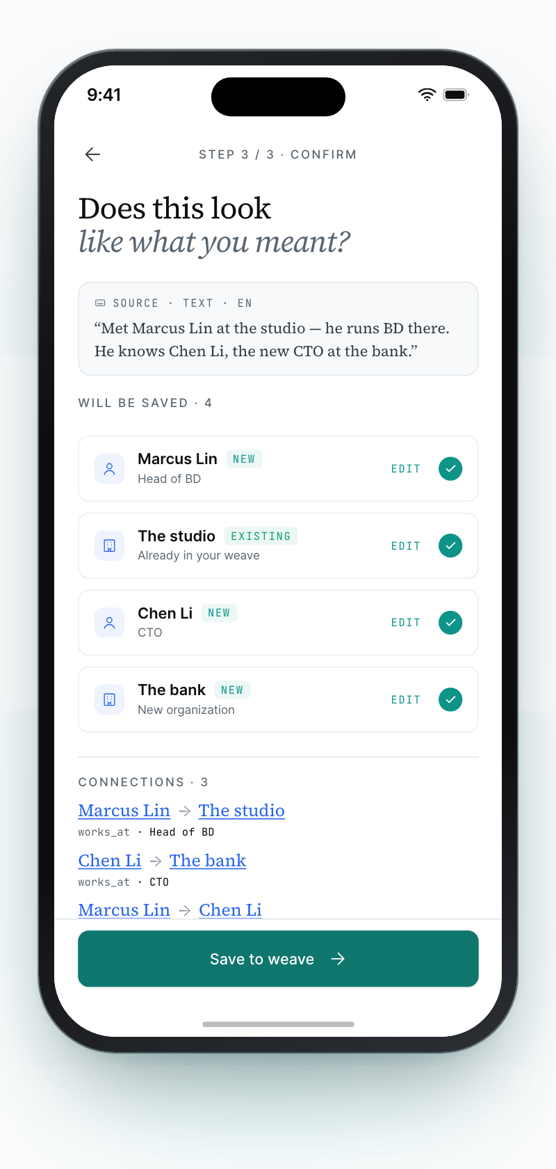 Coneker's confirm screen: the note it read, four records each marked new or already known with an Edit button and a checkmark, the connections between them, and a Save to weave button.