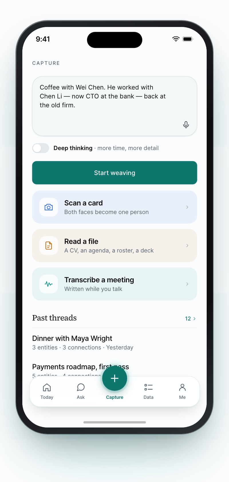 Coneker's capture screen: a typed note with a microphone, a Deep thinking switch, a Start weaving button, and doors to scan a card, read a file or transcribe a meeting.